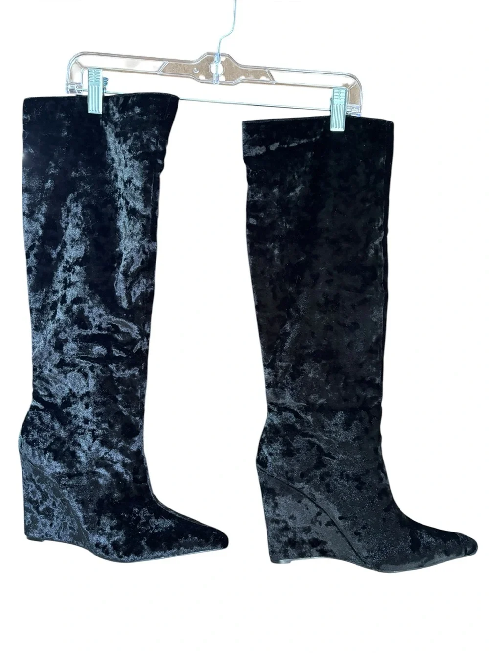 NWOB Fashion Nova Women's Black Velvet Knee-High Wedge Boots‎ Size 7.5